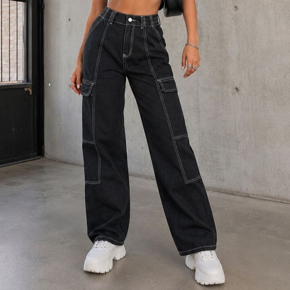RSQ Cargo Jeans Womens 00 Black White Contrast Stitch Wide Leg Y2K Skater